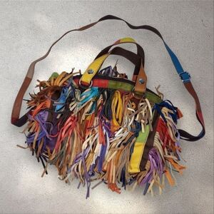 Vintage Multicolored All Leather Fringed Handbag Y2K Boho Tassel Satchel Purse
